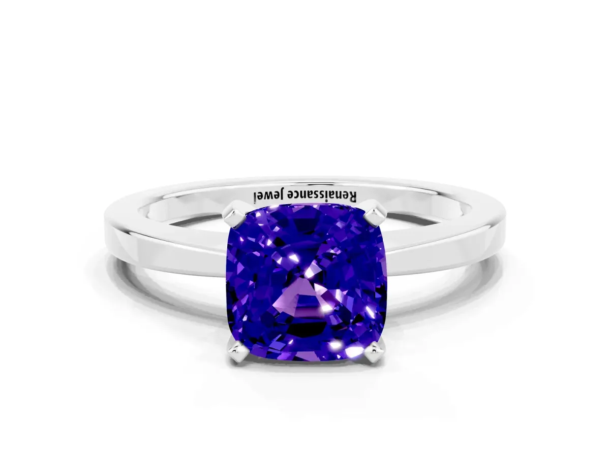 Cushion Cut Tanzanite Solitaire Engagement Ring with Classic Band and Four-Prong Setting Silver