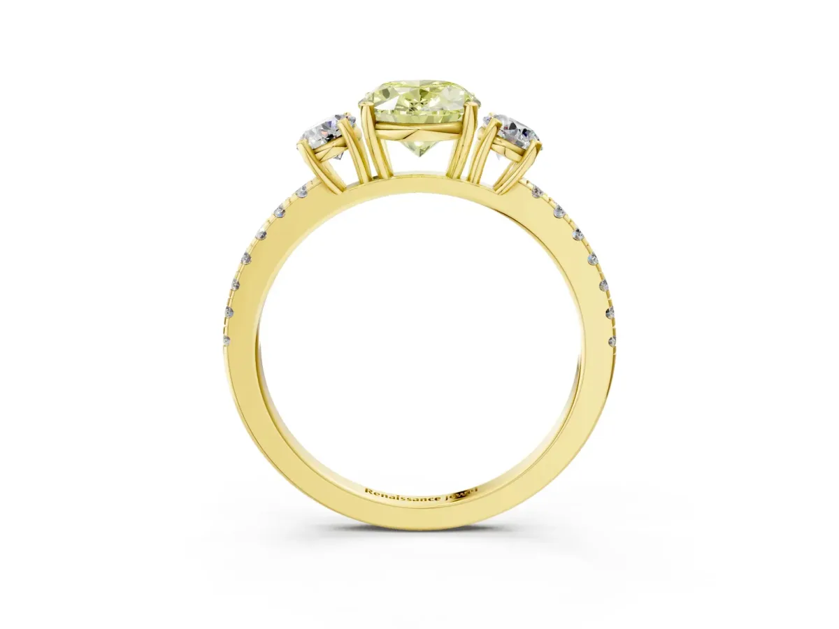 Fancy Yellow Three-Stone Oval Cut Cut Diamond Pavé Band with Prong Setting Yellow gold