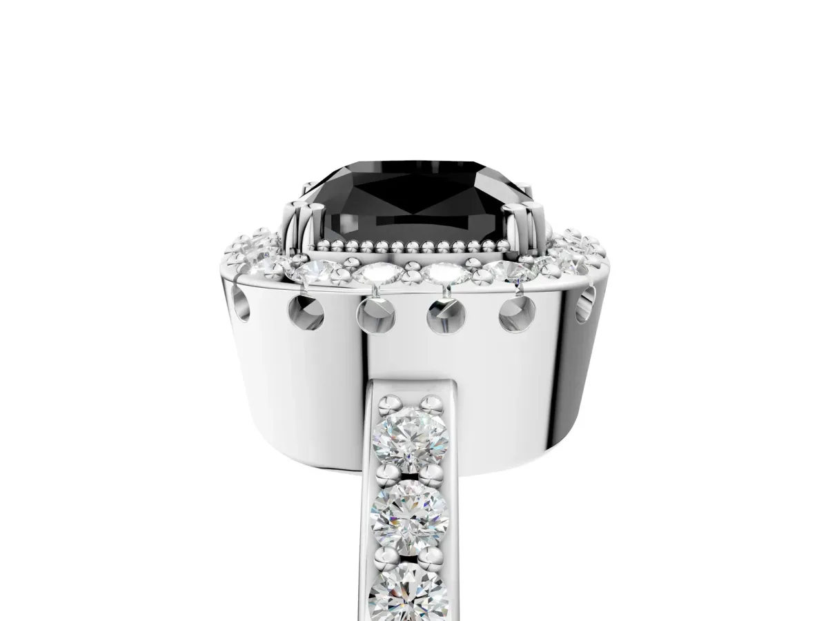 Fancy Black Cushion Cut Diamond Halo Ring with Pavé Band and Prong Setting Silver