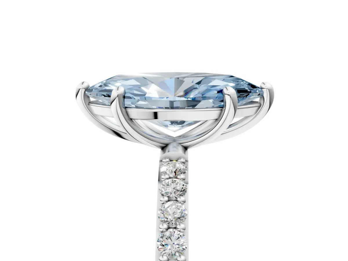 Fancy Blue Marquise Cut Diamond Solitaire Ring with Round Pavé Band and Prong Setting Silver