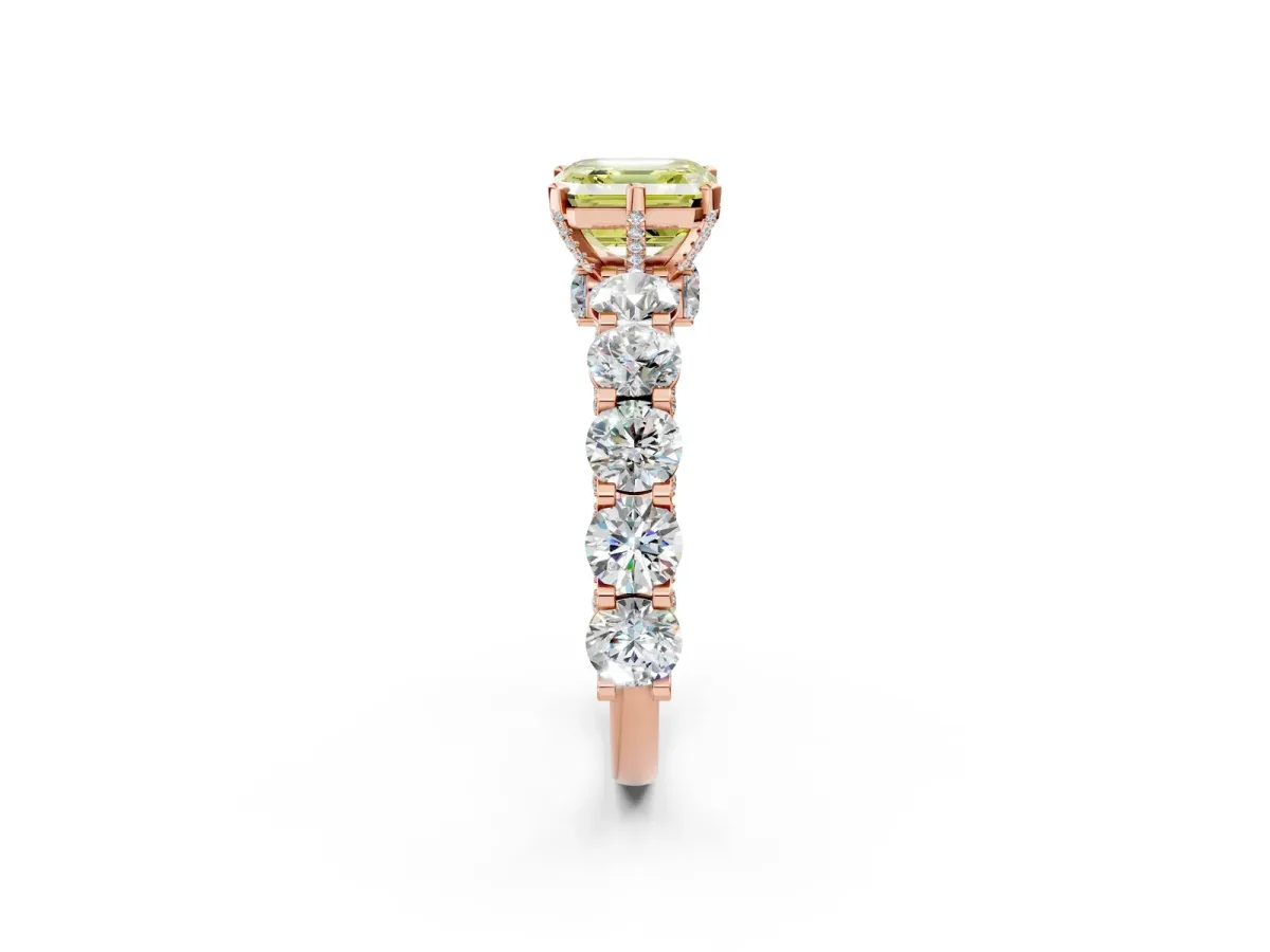 Fancy Yellow Asscher Cut Diamond Side Stone Engagement Ring with Four-Prong Setting Rose gold