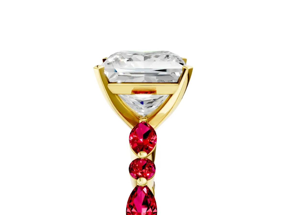 Princess Cut Diamond Ring with Marquise and Round Ruby Side Stones and Four-Prong Setting Yellow gold