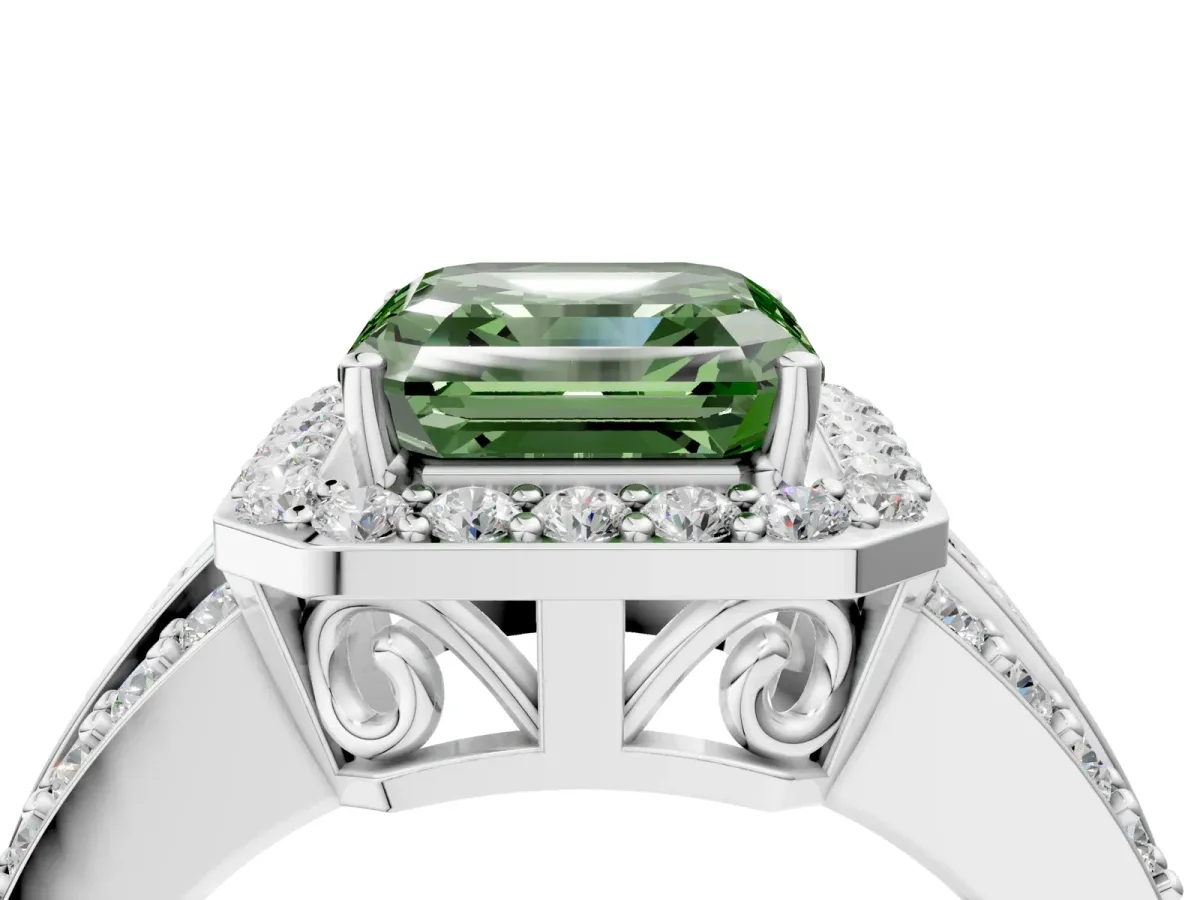 Fancy Green Asscher Cut Halo Diamond Ring with Round Split Shank and Prong Setting Platinum