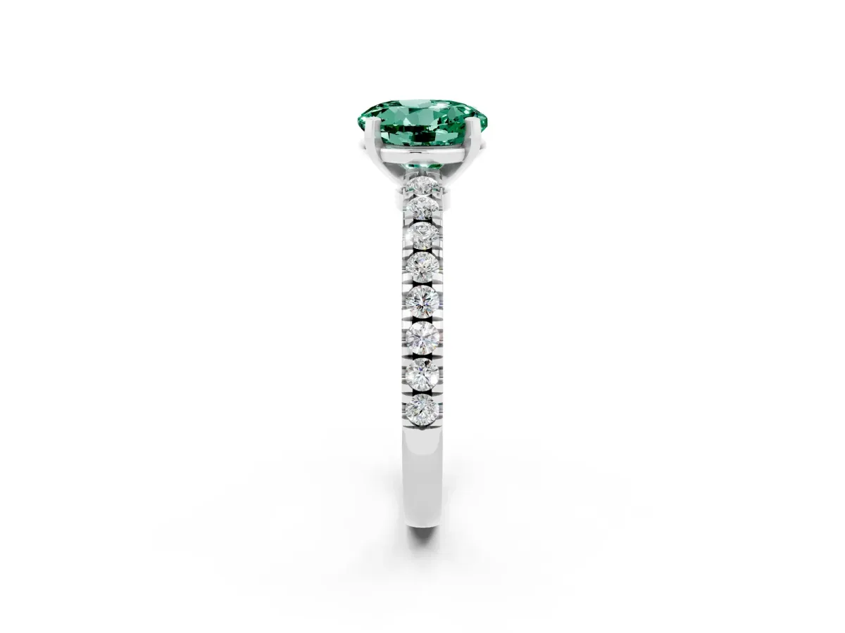 Round Cut Solitaire Green Sapphire with Pavé Band and Four-Prong Setting Silver