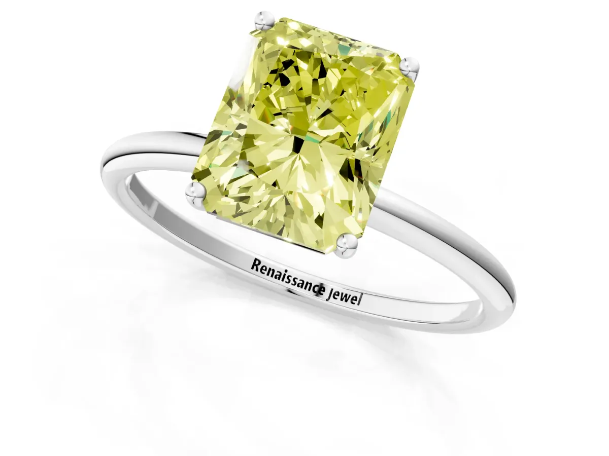 Fancy Yellow Radiant Cut Cut Solitaire Engagement Ring with Thin Band and Four-Prong Setting Platinum