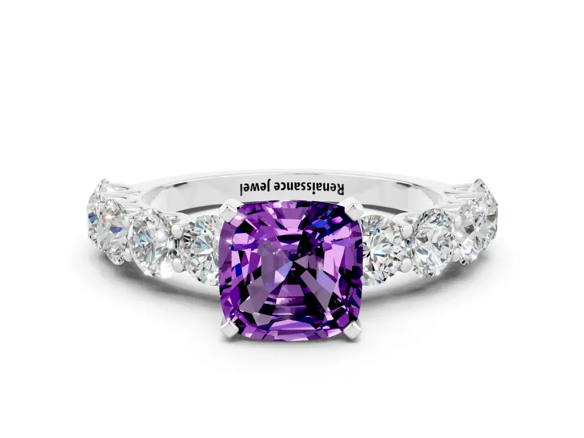 Cushion Cut Amethyst Prong Setting with Side Stones on a Pave Band Platinum
