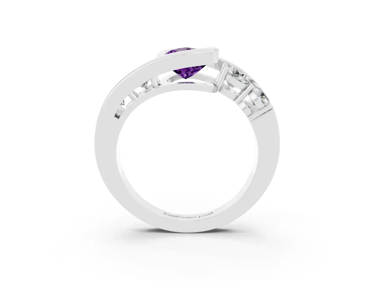 Bezel Set Pear Cut Amethyst Bypass Ring with Round Accents Platinum