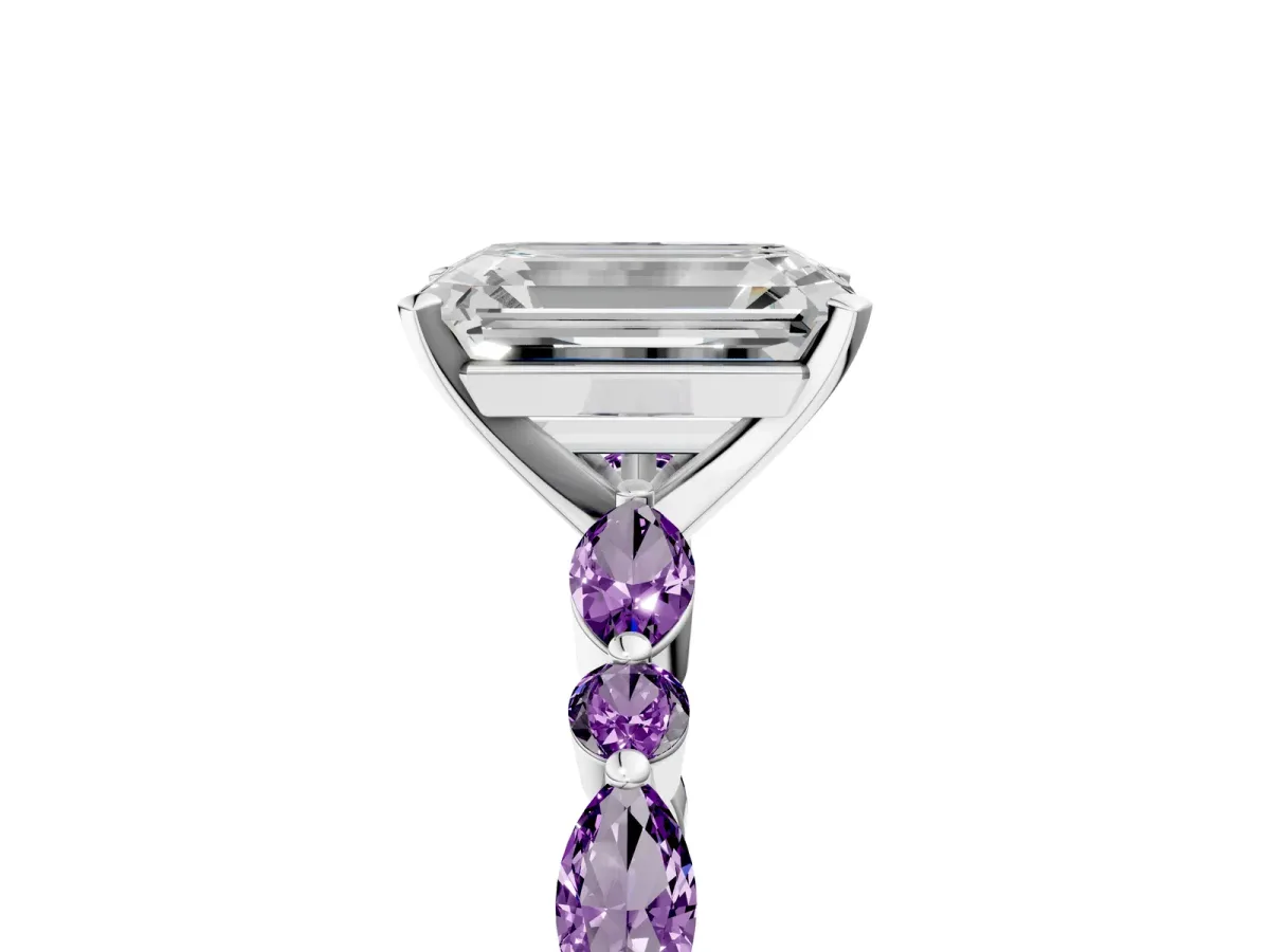 Emerald Cut Diamond Ring with Marquise and Round Amethyst Side Stones and Four-Prong Setting Silver
