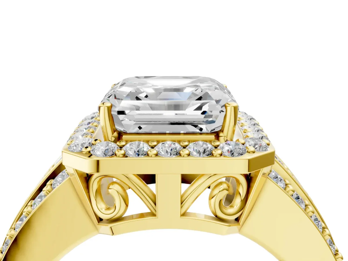 Asscher Cut Halo Diamond Ring with Round Split Shank and Prong Setting Yellow gold