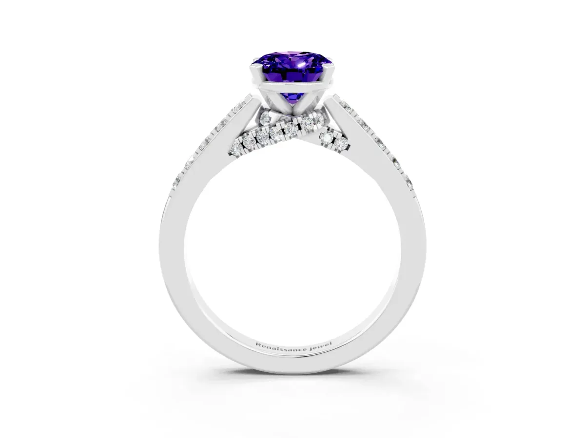 Oval Cut Tanzanite Solitaire Ring with Crossover Gallery and Round Pavé Band Silver