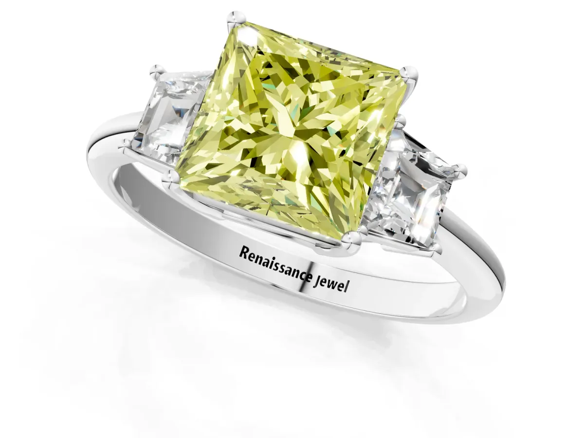 Fancy Yellow Princess Cut Diamond Three-Stone Ring with Trapezoid Side Stones and Prong Setting Platinum