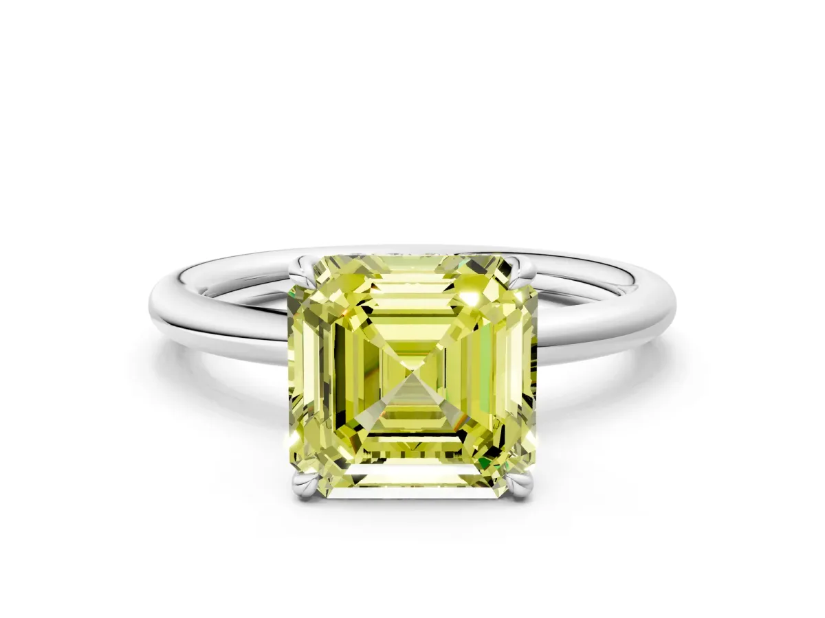Fancy Yellow Asscher Cut Diamond Solitaire Ring with Thin Band and Four-Prong Setting Platinum