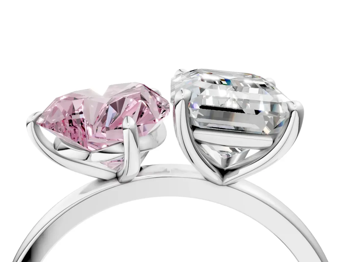 Fancy Pink Heart Cut and Emerald Cut Toi Moi Ring with Prong Setting White gold