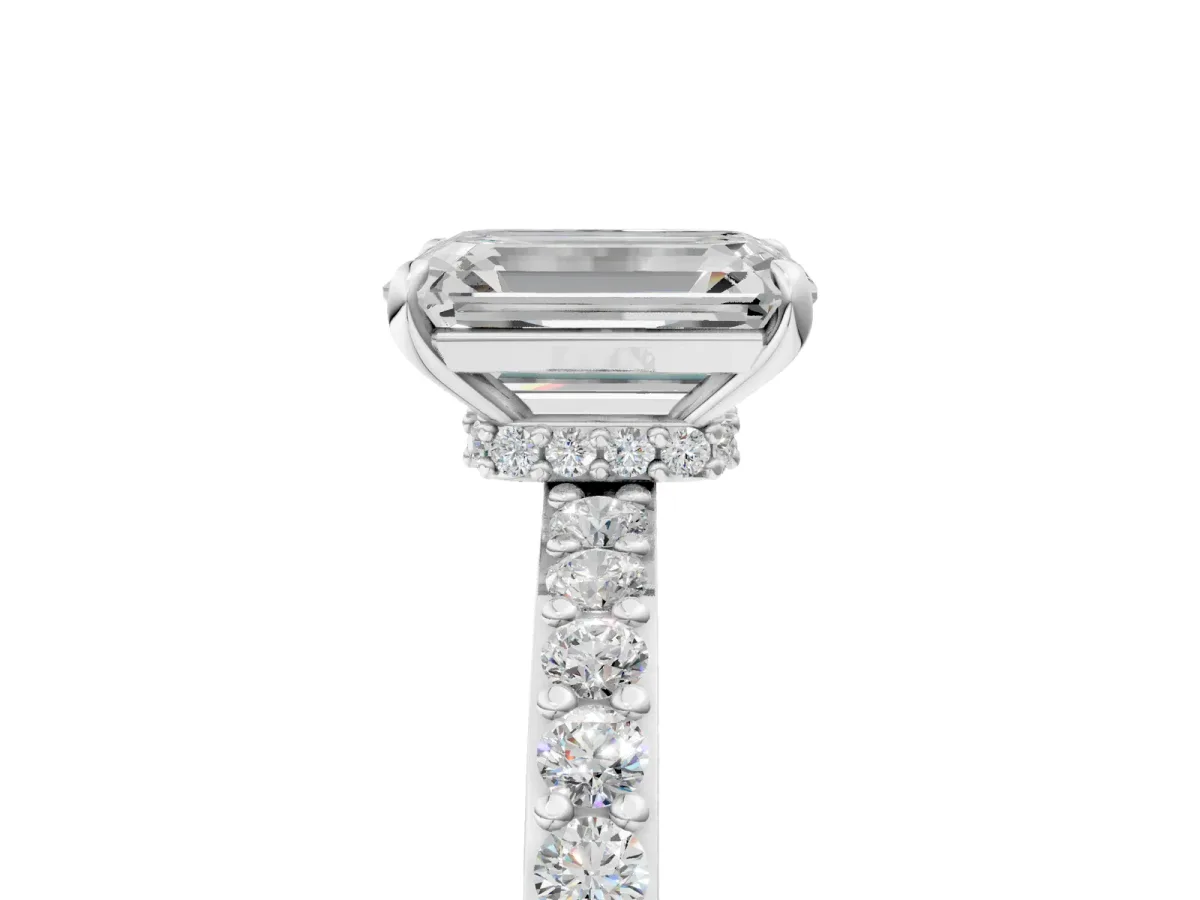 Emerald Cut Diamond Solitaire Engagement Ring with Pavé Band and Four-Prong Setting Silver