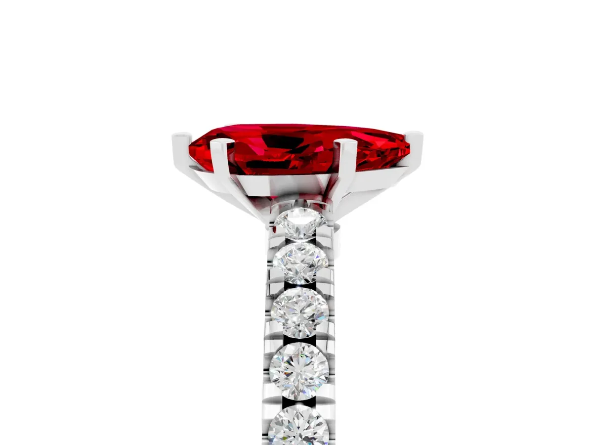 Pear Cut Solitaire Ruby with Pavé Band and Four-Prong Setting White gold