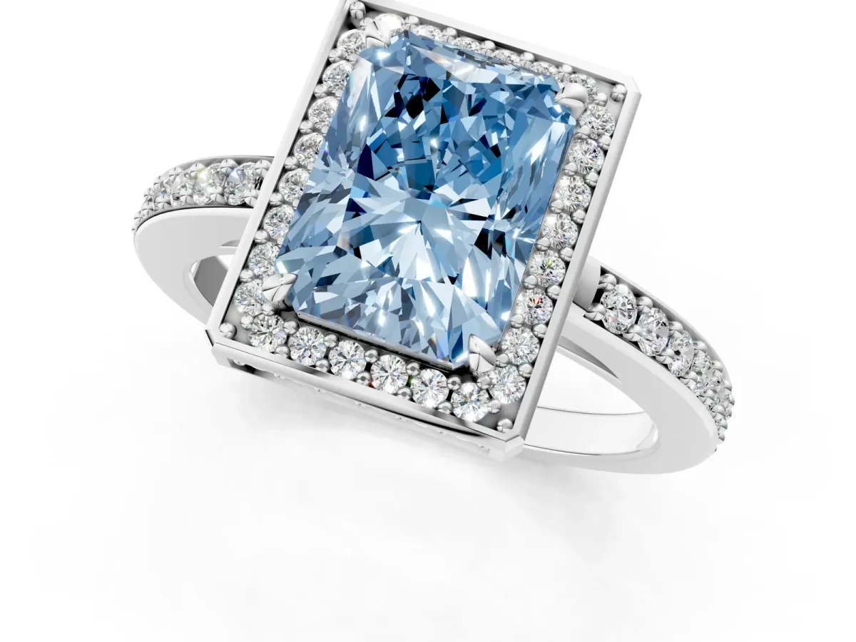 Fancy Blue Radiant Cut Halo Pave Band Solitaire Ring with Prong Setting Platinum