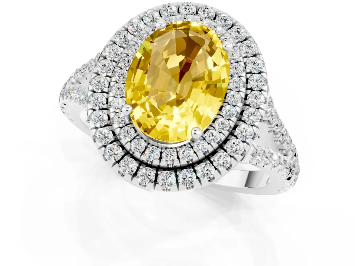 Oval Cut Yellow Sapphire Double Halo Ring with Pavé Band and Prong Setting Silver