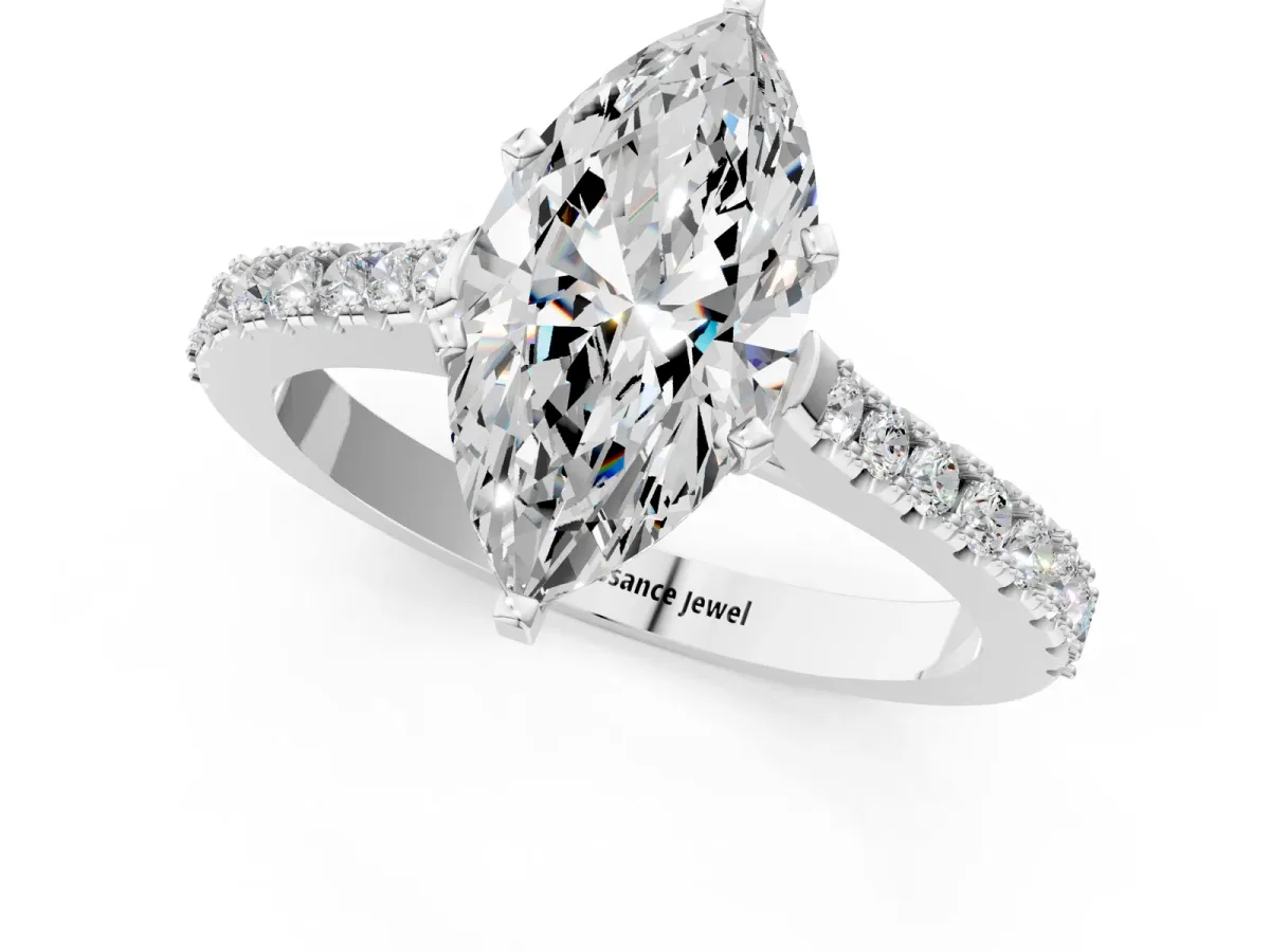 Marquise Cut Cut Solitaire Diamond Engagement Ring with Pave Band and Four-Prong Setting Silver