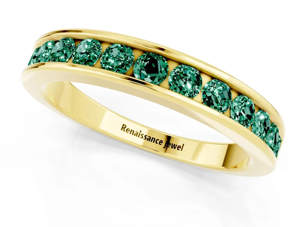 Channel Set Round Green Sapphire Eternity Band Yellow gold