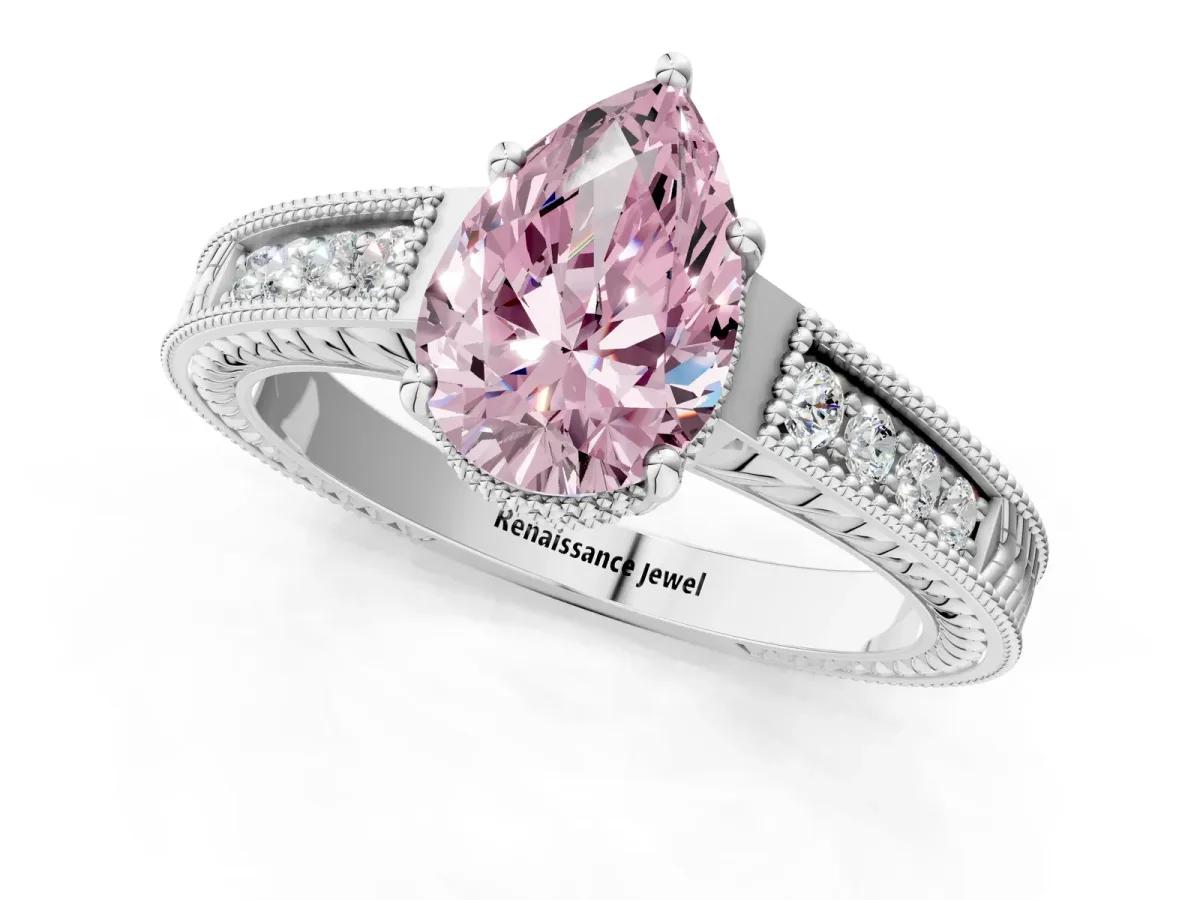 Fancy Pink Pear Cut Diamond Ring with Milgrain Pavé Band and Four-Prong Setting Platinum