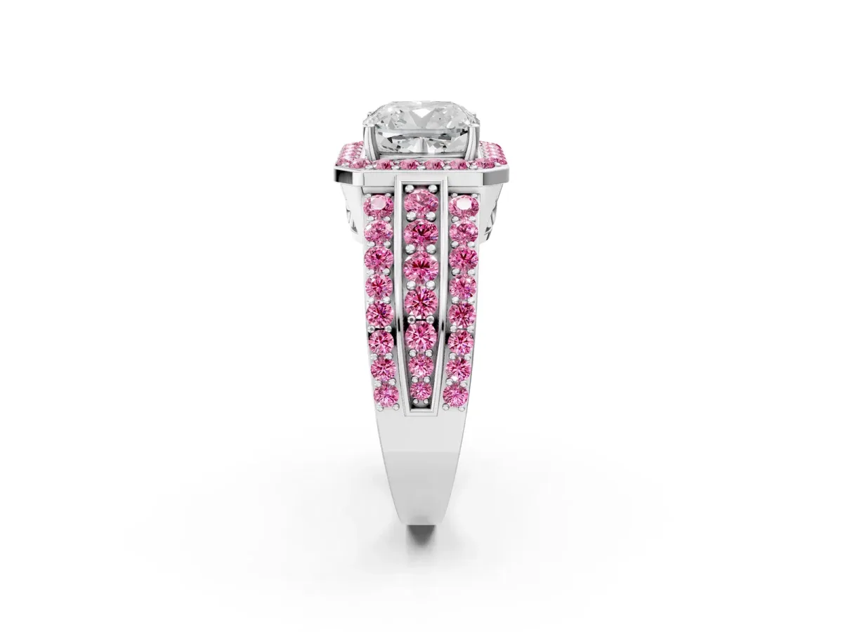 Cushion Cut Halo Diamond Ring with Round Pink Sapphire Split Shank and Prong Setting Silver