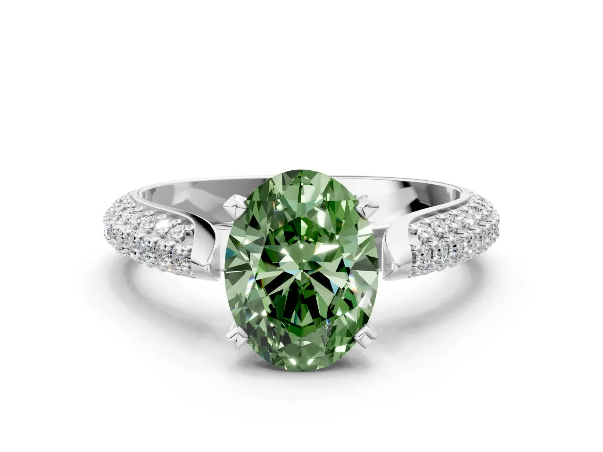 Fancy Green Oval Cut Diamond Solitaire Engagement Ring with Multi-Row Round Pavé Band and Prong Setting Silver