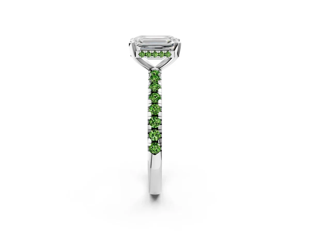 Emerald Cut Diamond Solitaire Ring with Round Peridot Pavé Band and Four-Prong Setting Platinum