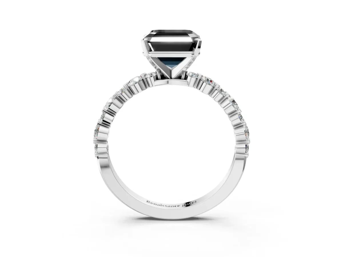 Fancy Black Asscher Cut Diamond Prong Set Engagement Ring with Pavé Band Platinum