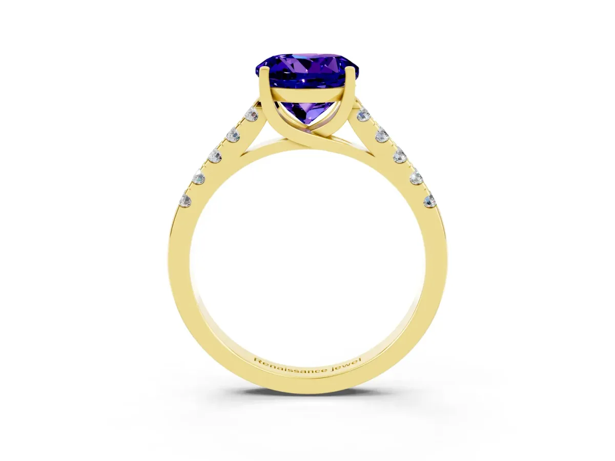 Round Cut Tanzanite Pavé Band Solitaire Ring with Prong Setting Yellow gold