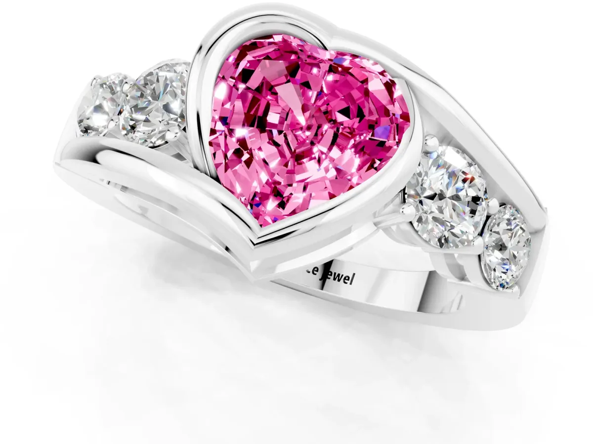 Bezel Set Heart Cut Pink Sapphire Bypass Ring with Round Accents Silver