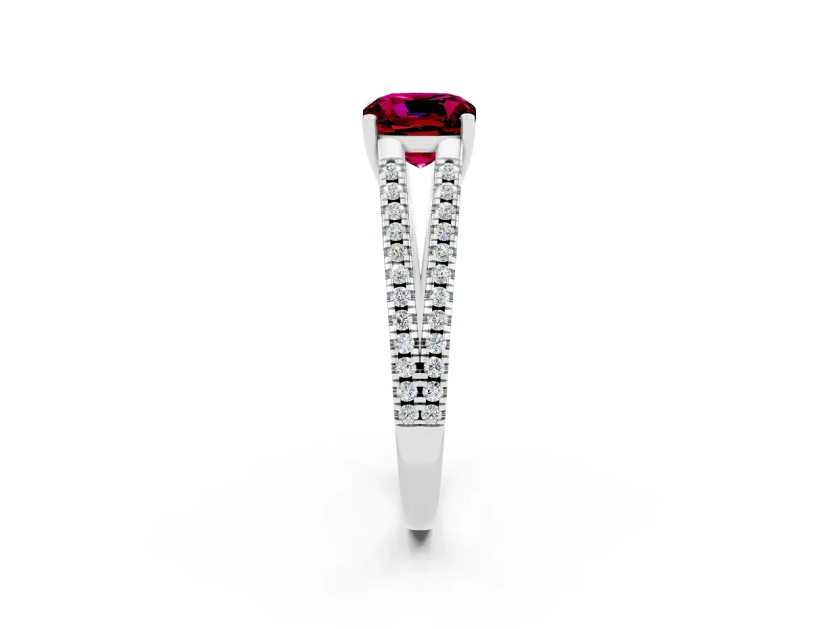 Cushion Cut Garnet Solitaire Engagement Ring with Split Shank Pavé Band Silver