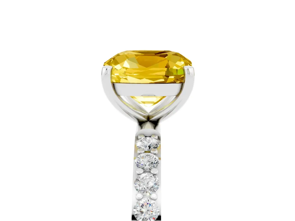 Cushion Cut Yellow Sapphire Solitaire Ring with Round Pavé Band and Prong Setting Silver