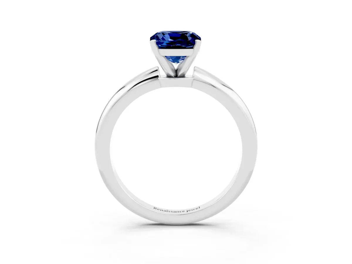 Cushion Cut Blue Sapphire Solitaire Ring with Six-Prong Setting and Classic Band Silver