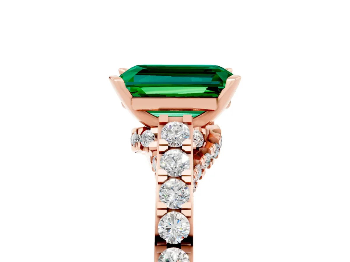 Emerald Cut Emerald Solitaire Ring with Crossover Gallery and Round Pavé Band Rose gold