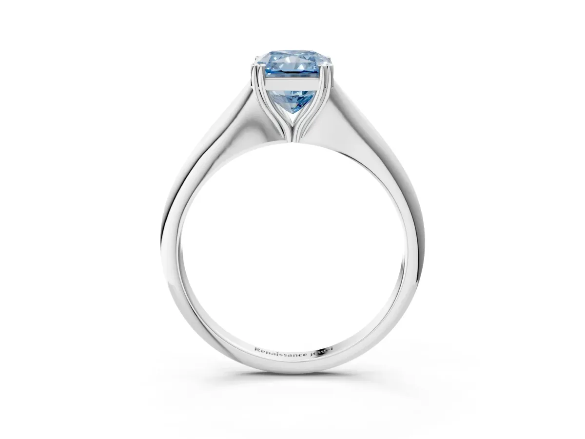 Fancy Blue Radiant Cut Solitaire Diamond Ring with Six-Prong Setting and Classic Band Platinum