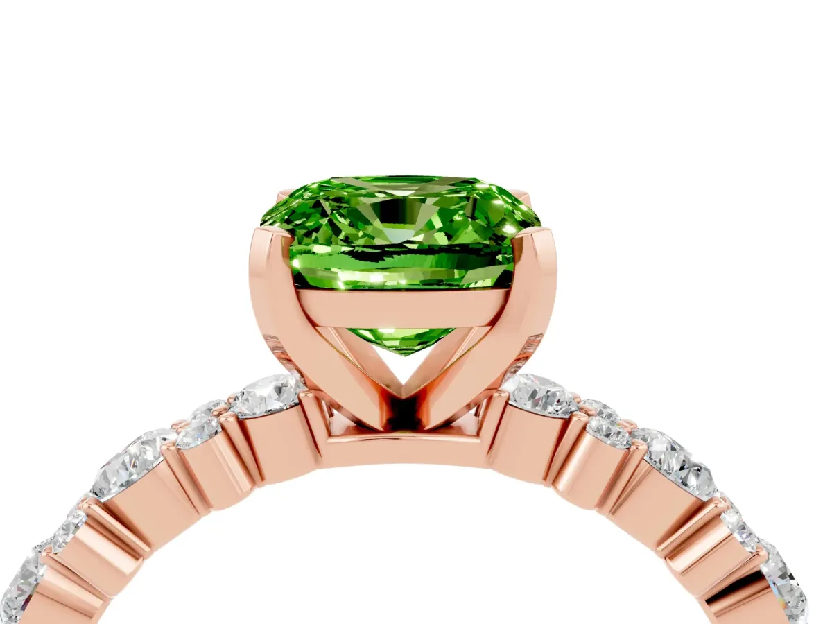 Cushion Cut Peridot Side Stone Solitaire Ring with Round and Four-Prong Setting Rose gold