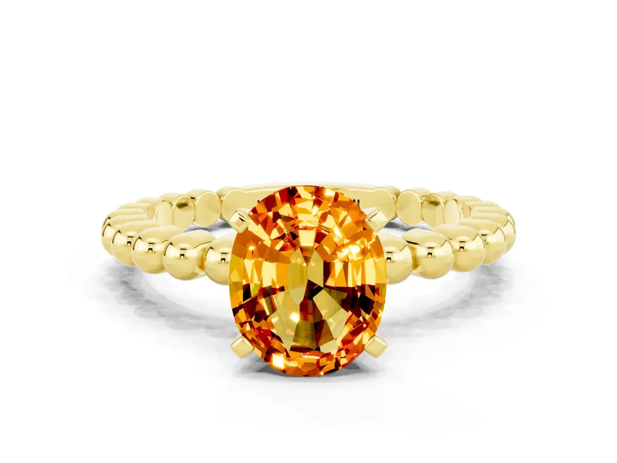 Oval Cut Citrine Solitaire Ring with Beaded Band and Prong Setting Yellow gold