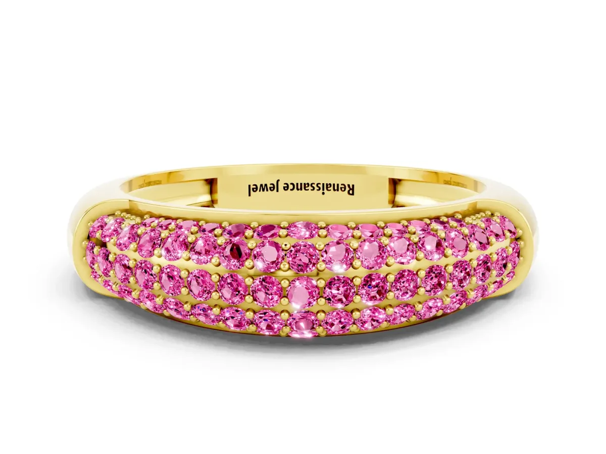 Three-Row Pavé Round Pink Sapphire Dome Band Yellow gold
