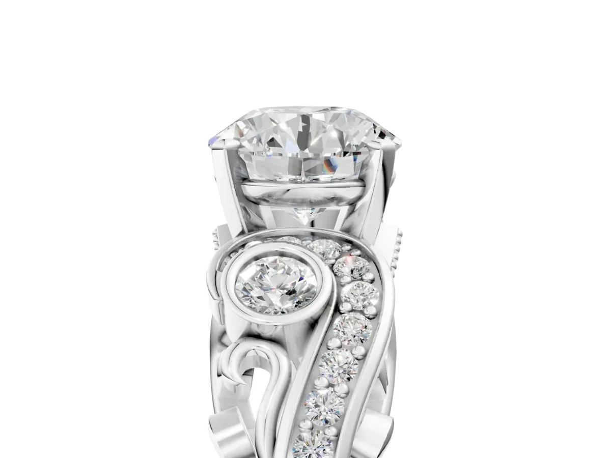 Round Cut Diamond Solitaire Ring with Milgrain Pavé Band and Four-Prong Setting Silver