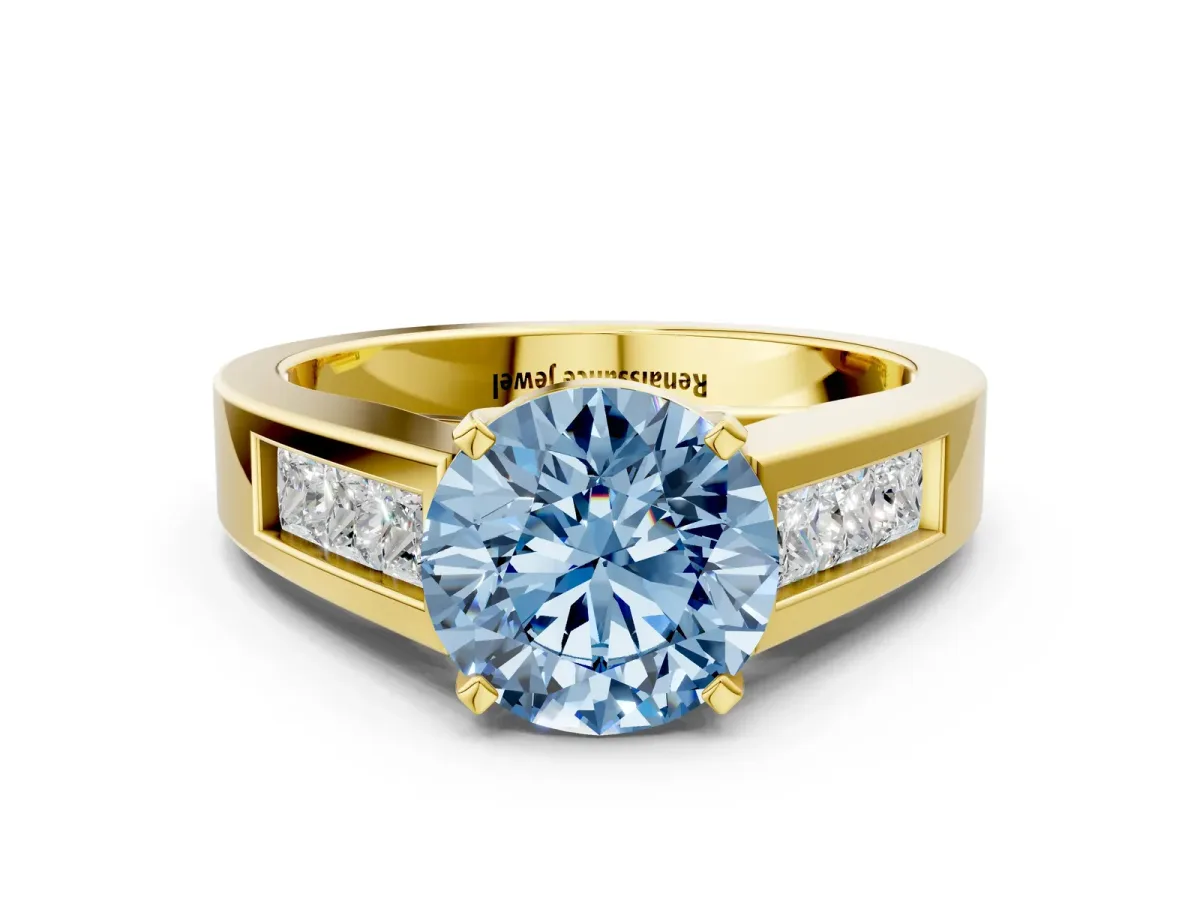 Fancy Blue Round Cut Cut Channel Set Solitaire Ring with Four-Prong Setting Yellow gold
