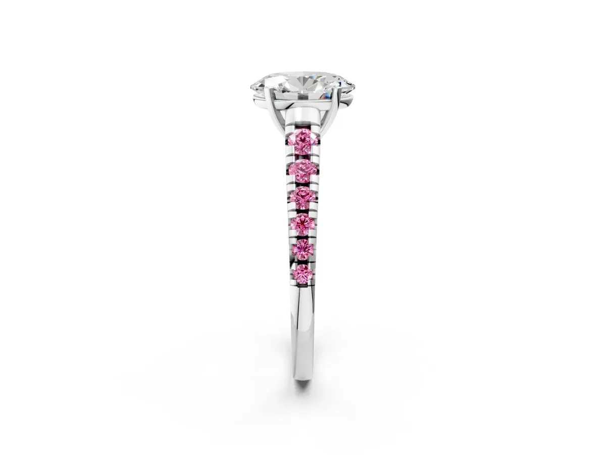 Oval Cut Diamond Cathedral Solitaire Ring with Round Pink Sapphire Pavé Band Silver
