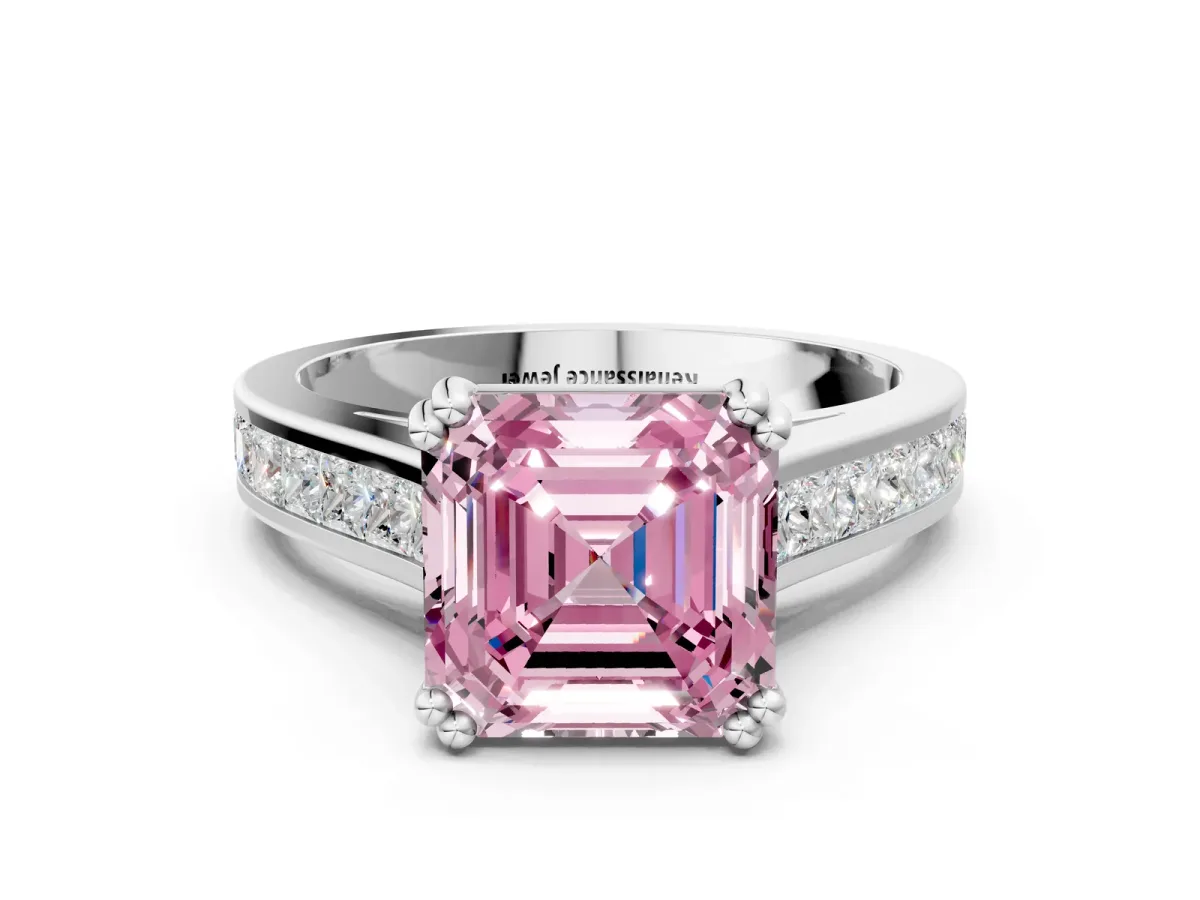 Fancy Pink Asscher Cut Cut Channel Set Solitaire Engagement Ring with Prong Setting Platinum