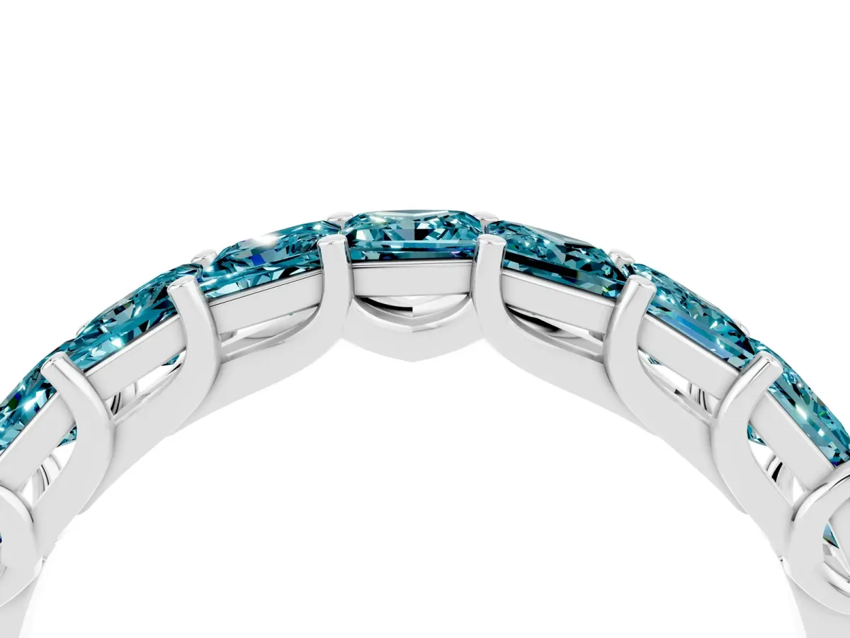 Princess Cut Blue Topaz Channel-Set Eternity Band with Prong Setting Silver