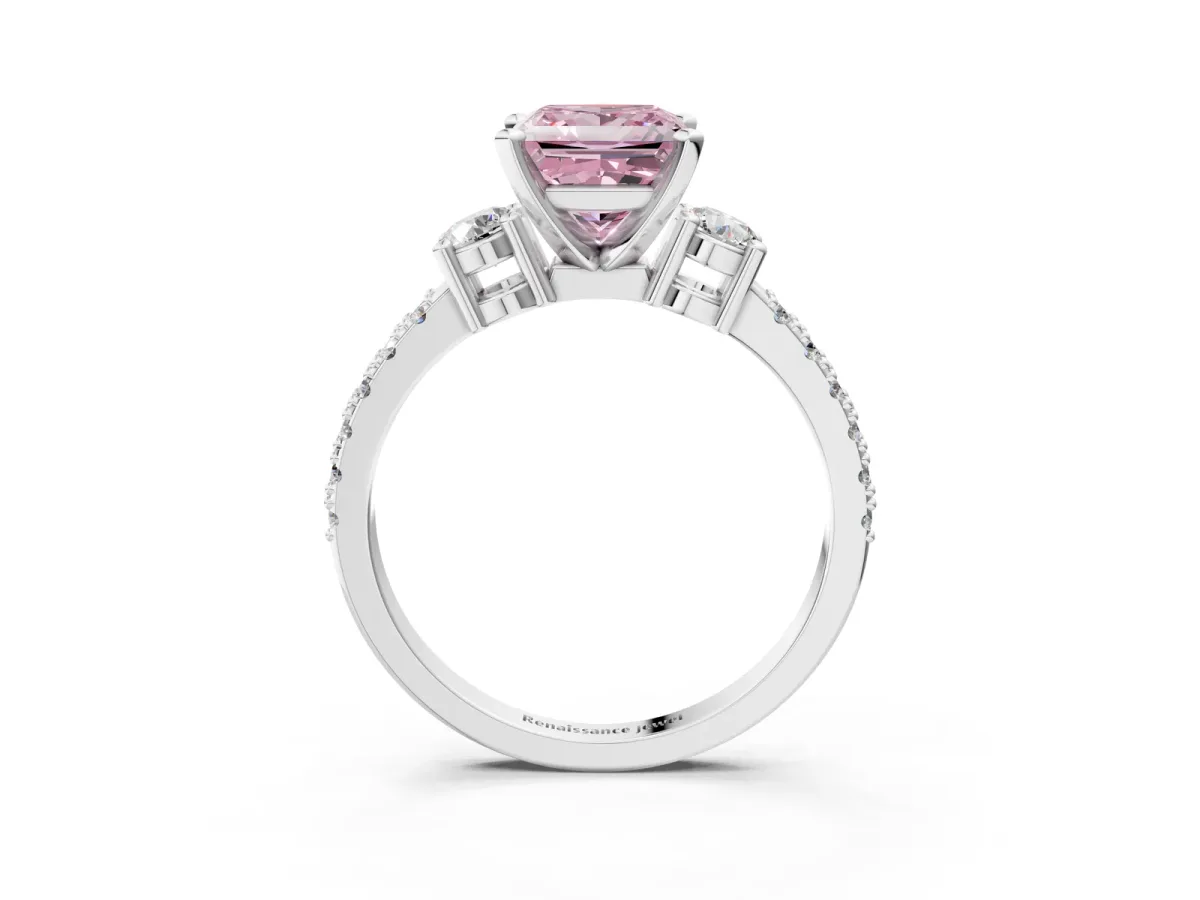 Fancy Pink Princess Cut Cut Three-Stone Diamond Pavé Band with Prong Setting Platinum