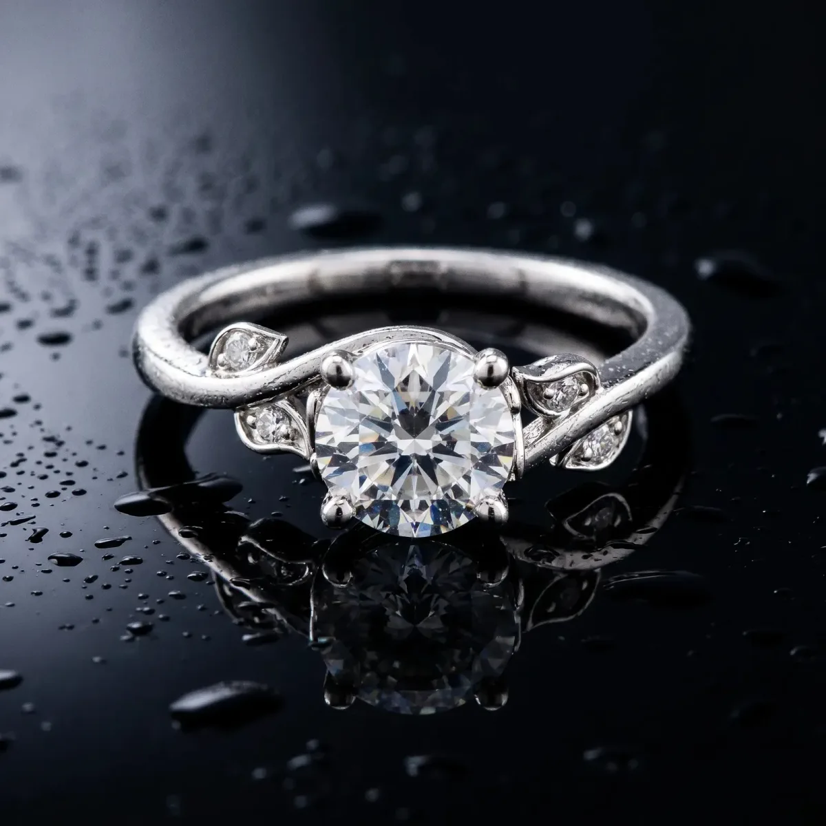 Asscher Cut Solitaire Twist Engagement Ring with Leaf Accents and Prong Setting Silver