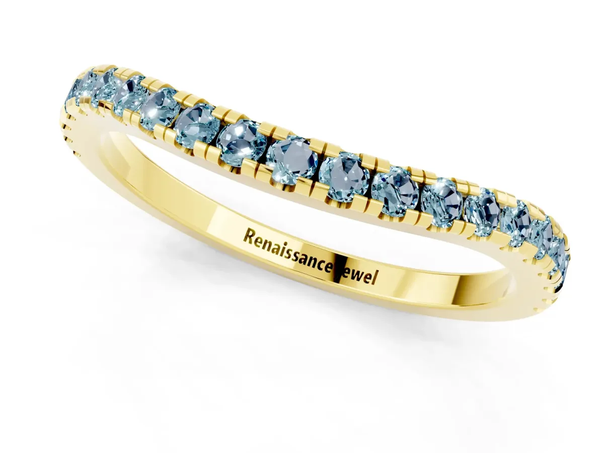 Round Aquamarine Pavé Half Eternity Band with Shared Prong Setting Yellow gold