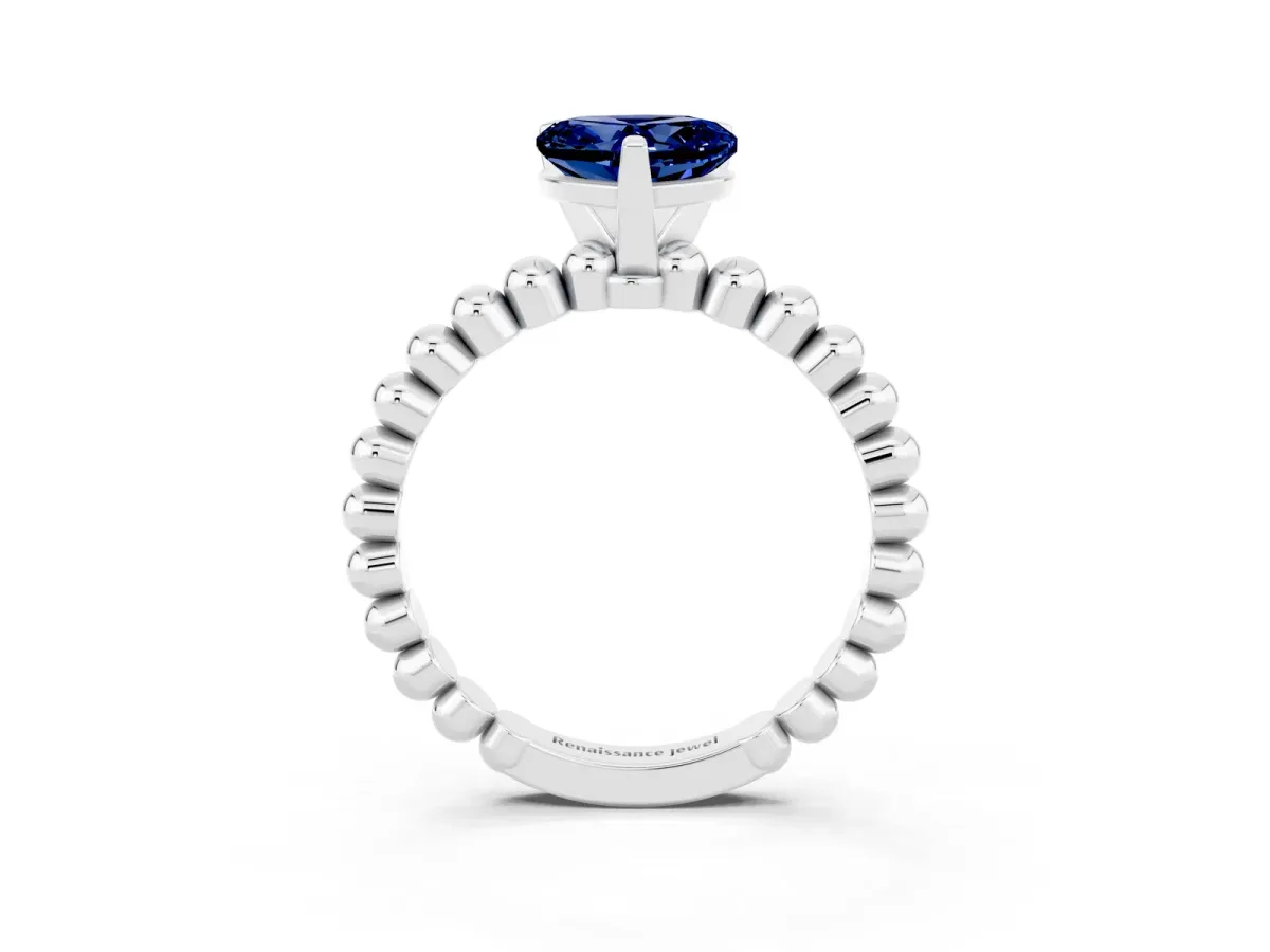 Heart Cut Blue Sapphire Solitaire Ring with Beaded Band and Prong Setting Silver
