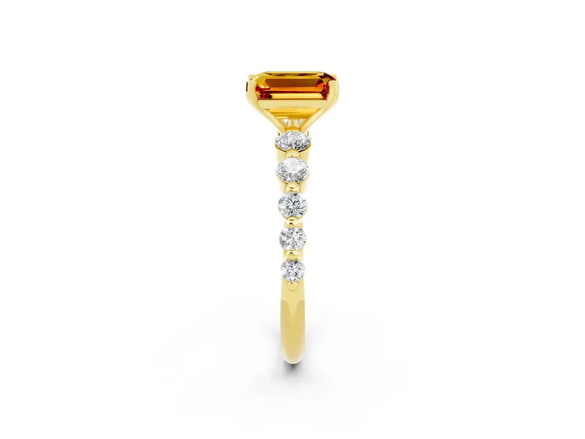 Emerald Cut Solitaire Citrine Ring with Pave Band and Four-Prong Setting Yellow gold