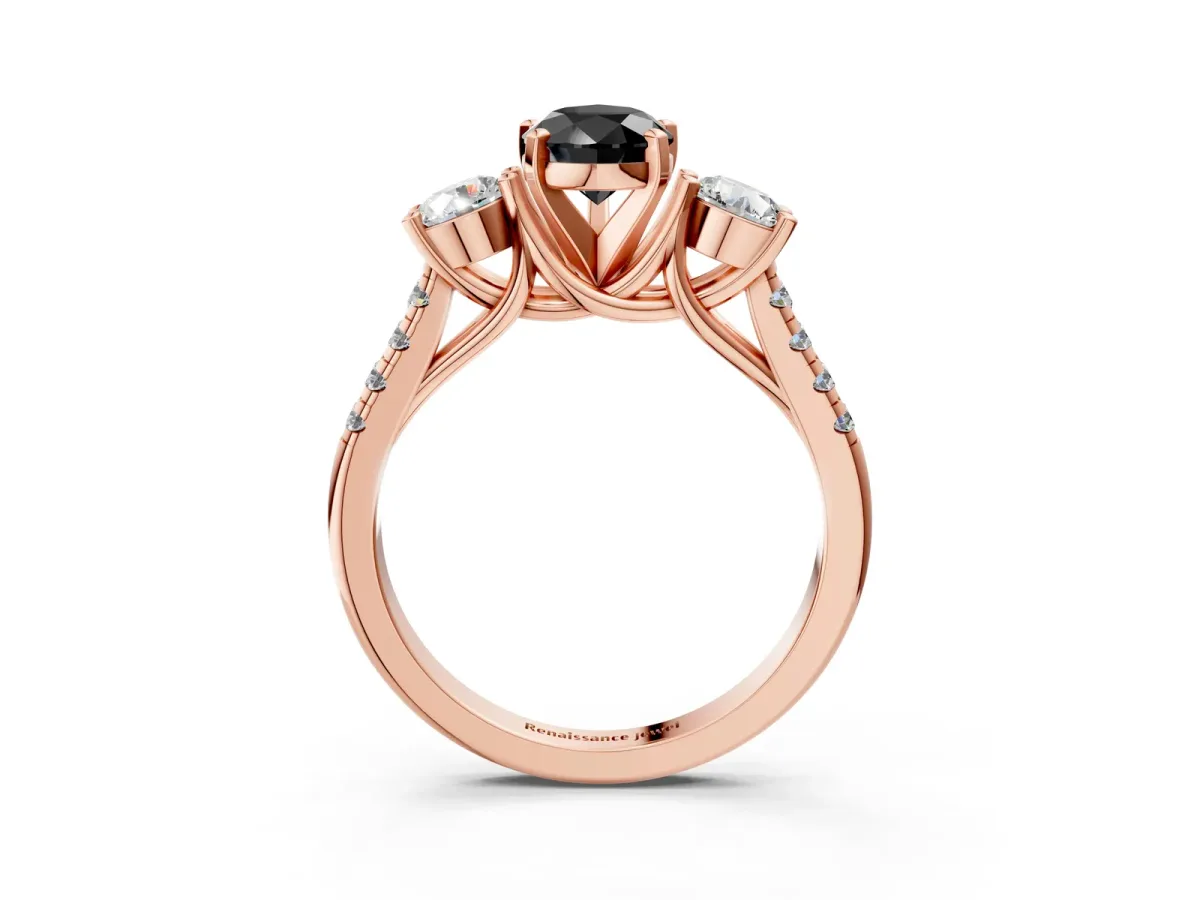 Fancy Black Three-Stone Pear Cut Diamond Pavé Band with Four-Prong Setting Rose gold