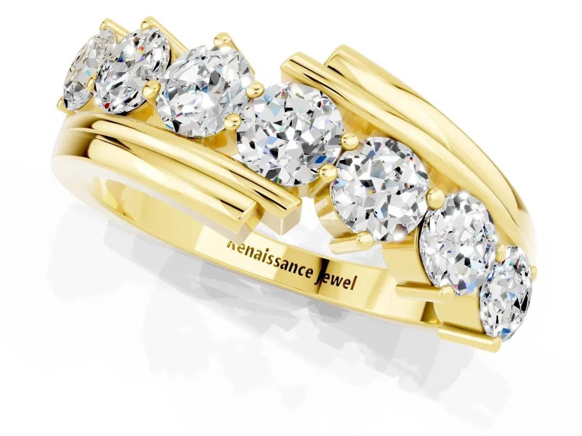 Round Moissanite Wave Band with Channel and Shared Prong Setting Yellow gold